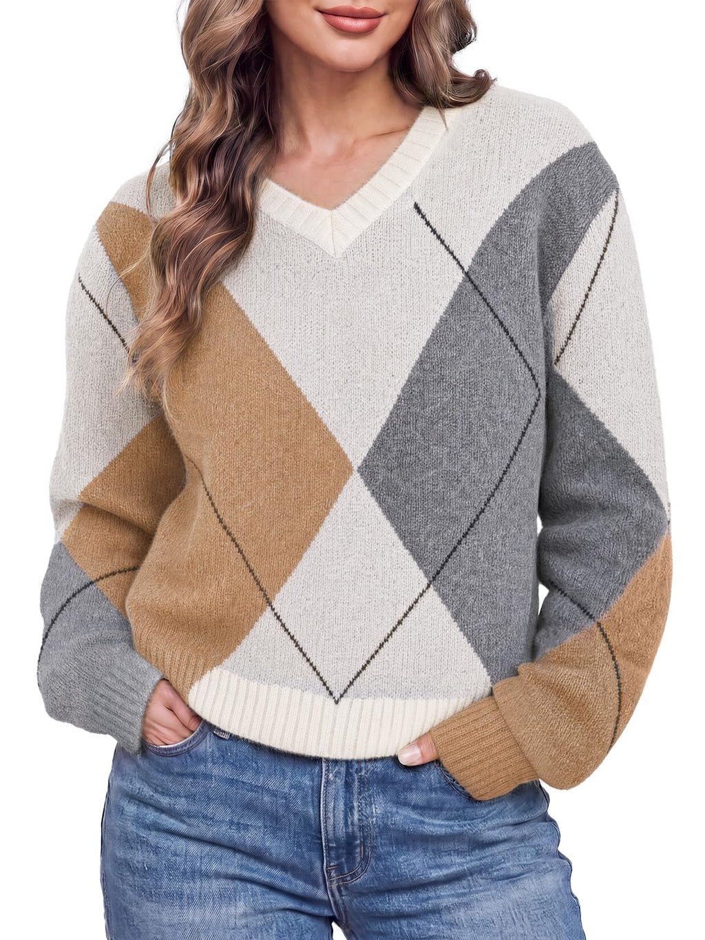 Cicy Bell Womens V Neck Argyle Sweaters Long Sleeve Knit Casual Pullovers