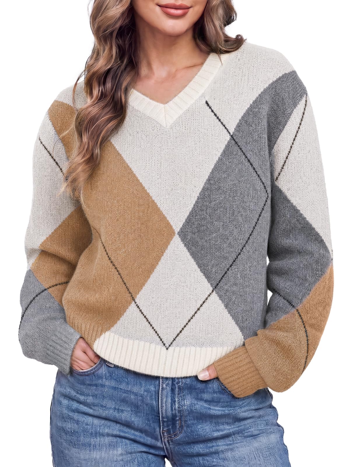 Cicy Bell Womens V Neck Argyle Sweaters Long Sleeve Knit Casual Pullovers