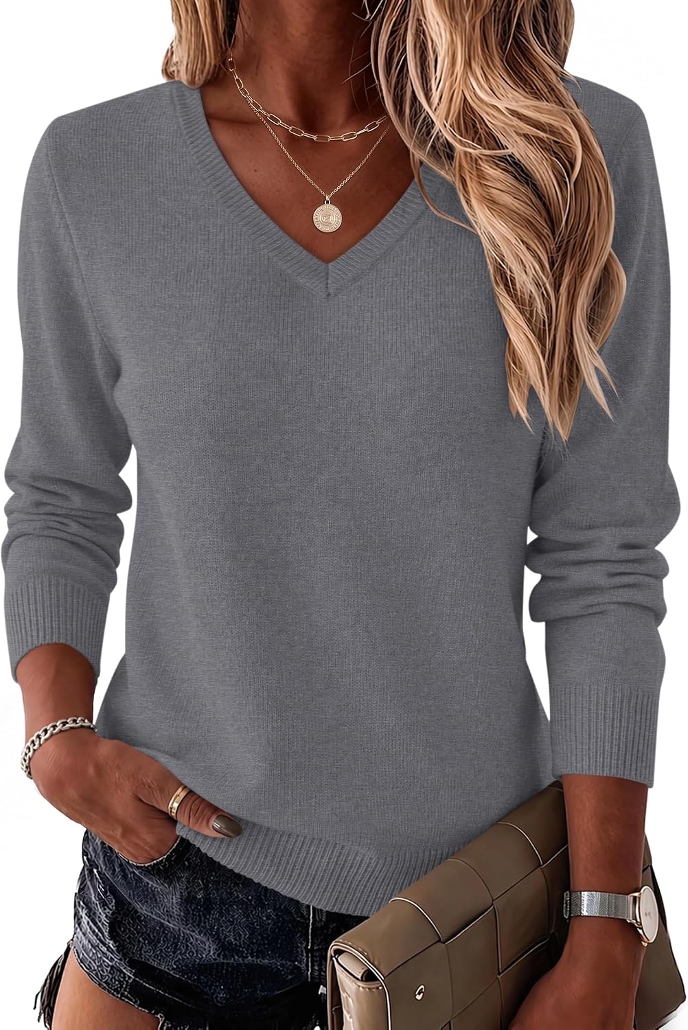 LOMON Womens Wool Blend Sweaters Long Sleeve Tops V Neck Knit Shirts Fall