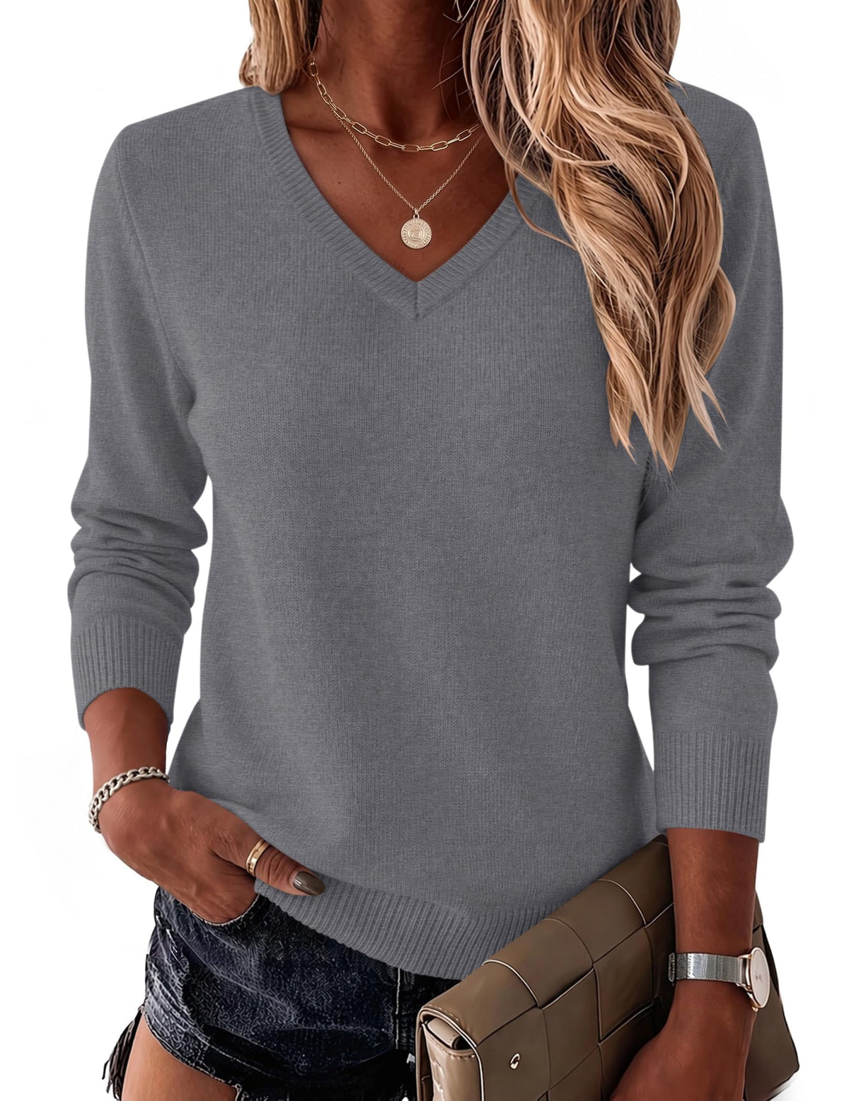 LOMON Womens Wool Blend Sweaters Long Sleeve Tops V Neck Knit Shirts Fall