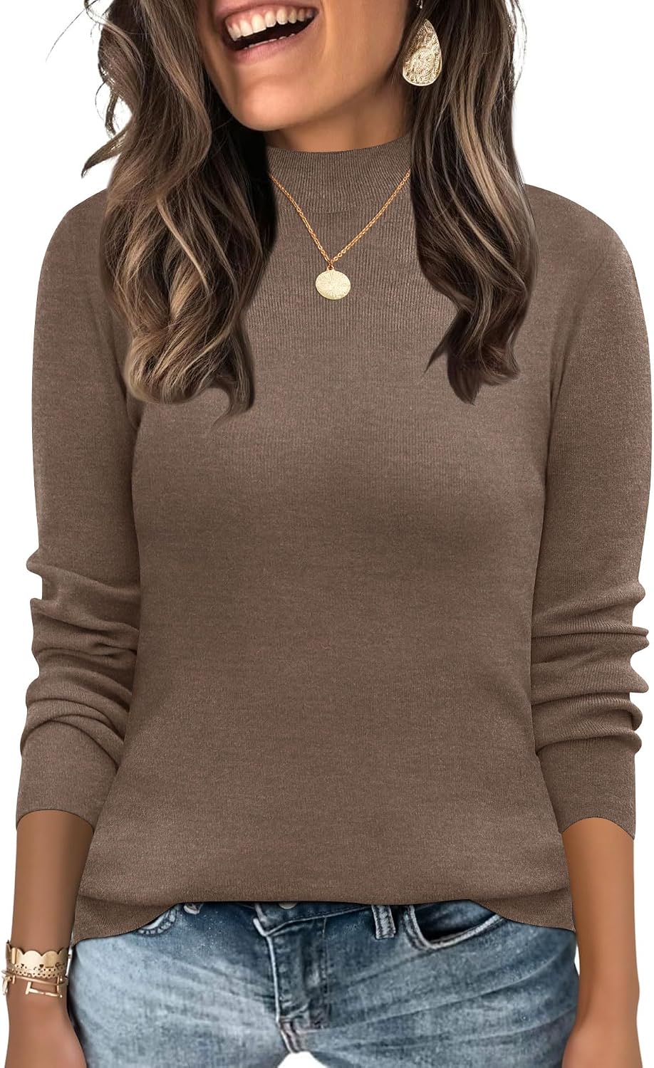 LOMON Mock Neck Tops for Women Long Sleeve Dressy Casual Lightweight Basic Knitted Pullover Sweater S-XL