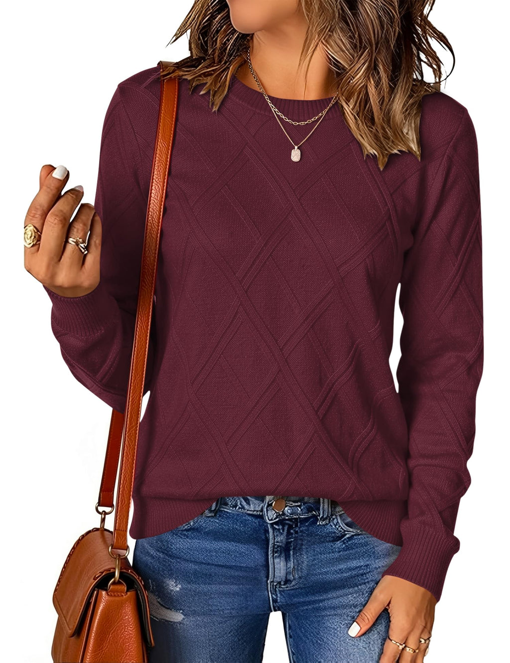 LOMON Women's Cable Knit Sweater Long Sleeve Crew Neck Fall Tops