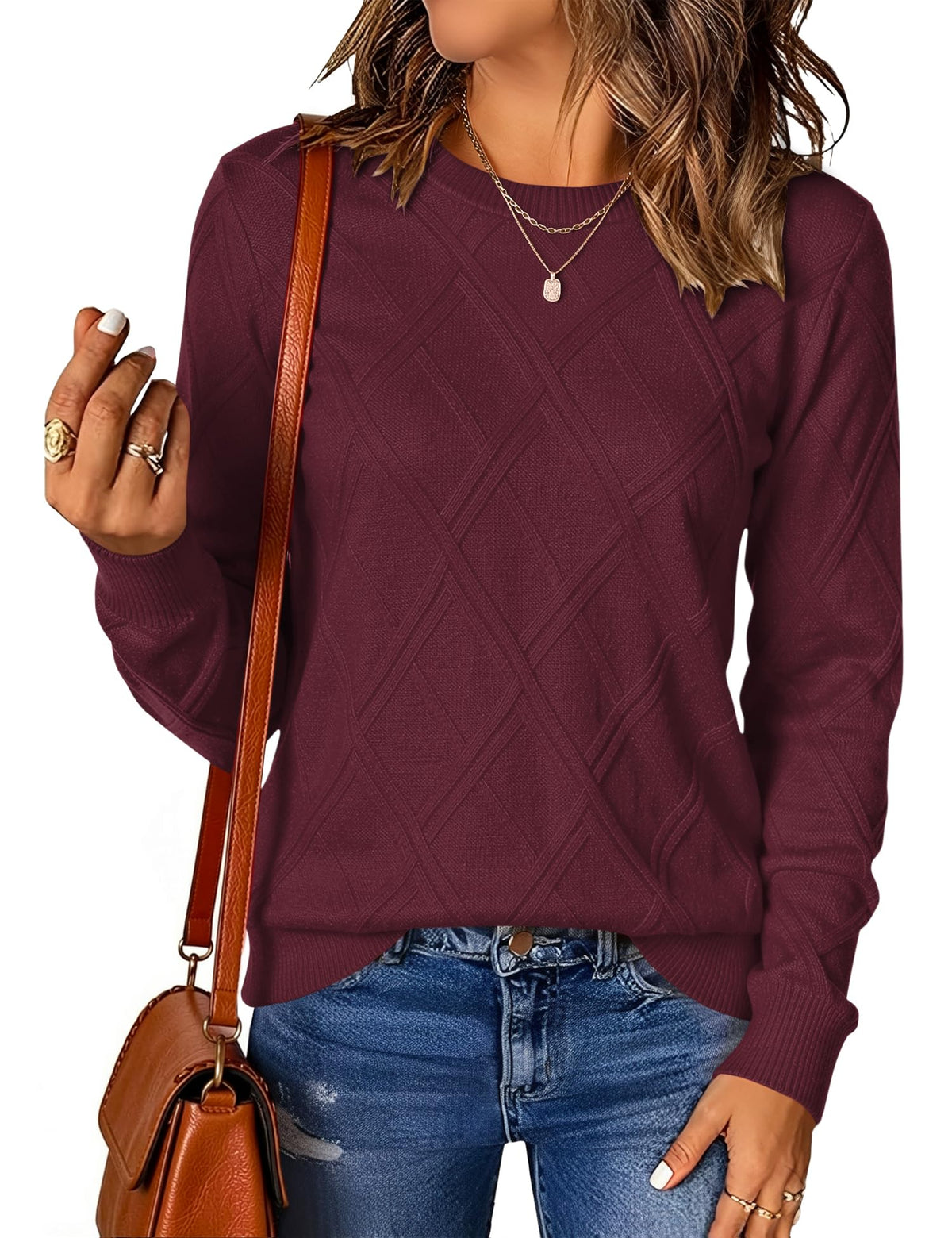 LOMON Women's Cable Knit Sweater Long Sleeve Crew Neck Fall Tops
