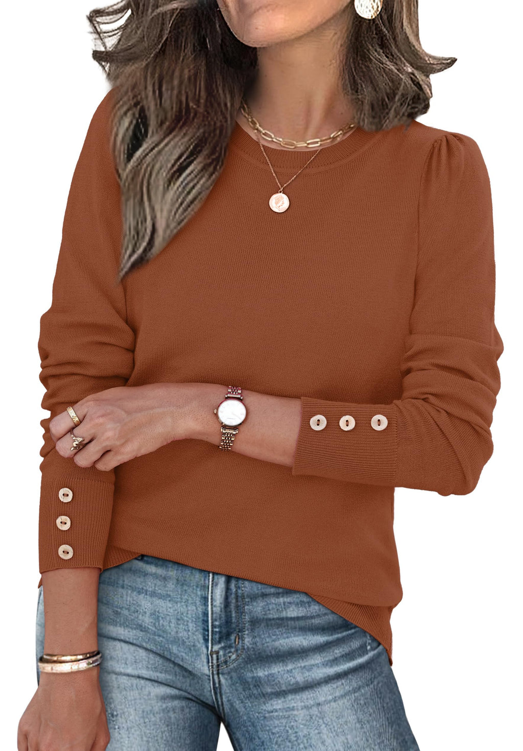 Womens Sweaters Fall Fashion 2025 Long Sleeve Button Cuff Soft Knit Pullover Trendy Tops Dressy Casual Blouses