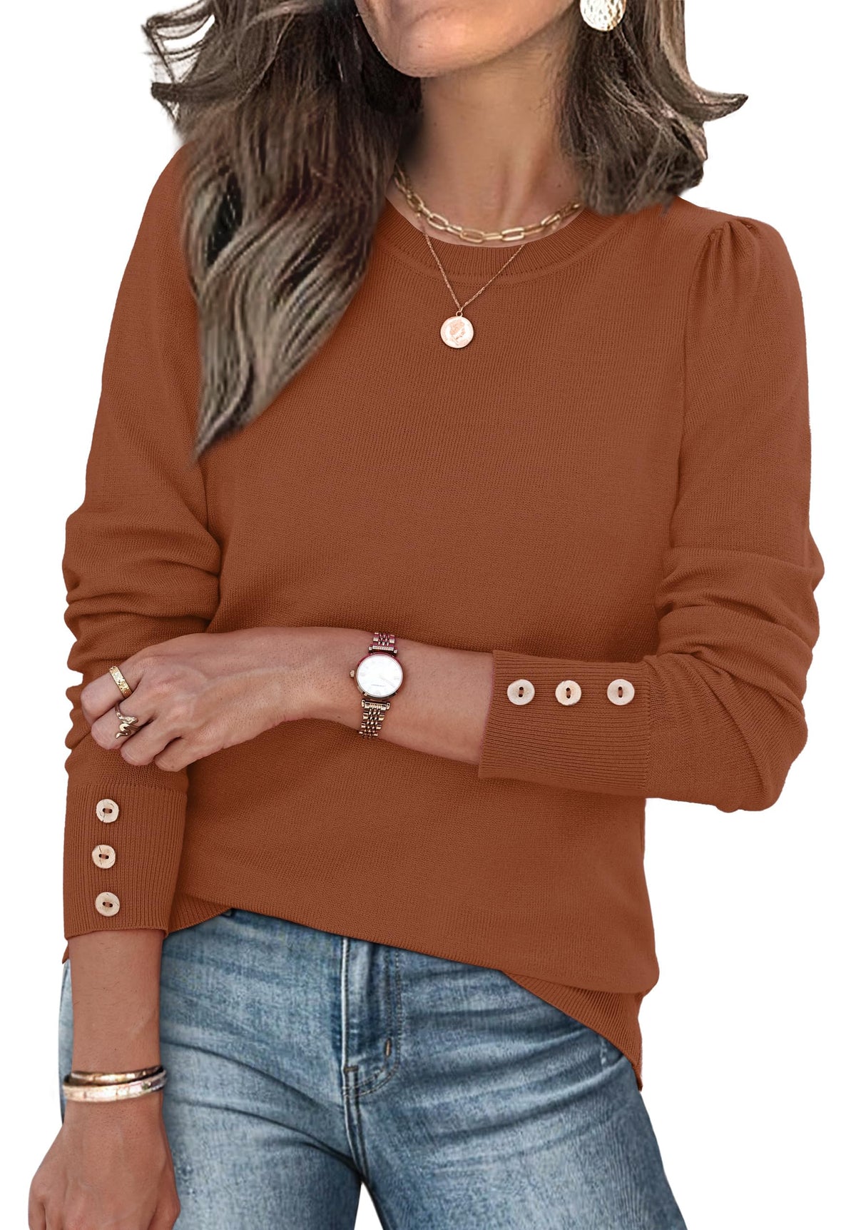 Womens Sweaters Fall Fashion 2025 Long Sleeve Button Cuff Soft Knit Pullover Trendy Tops Dressy Casual Blouses