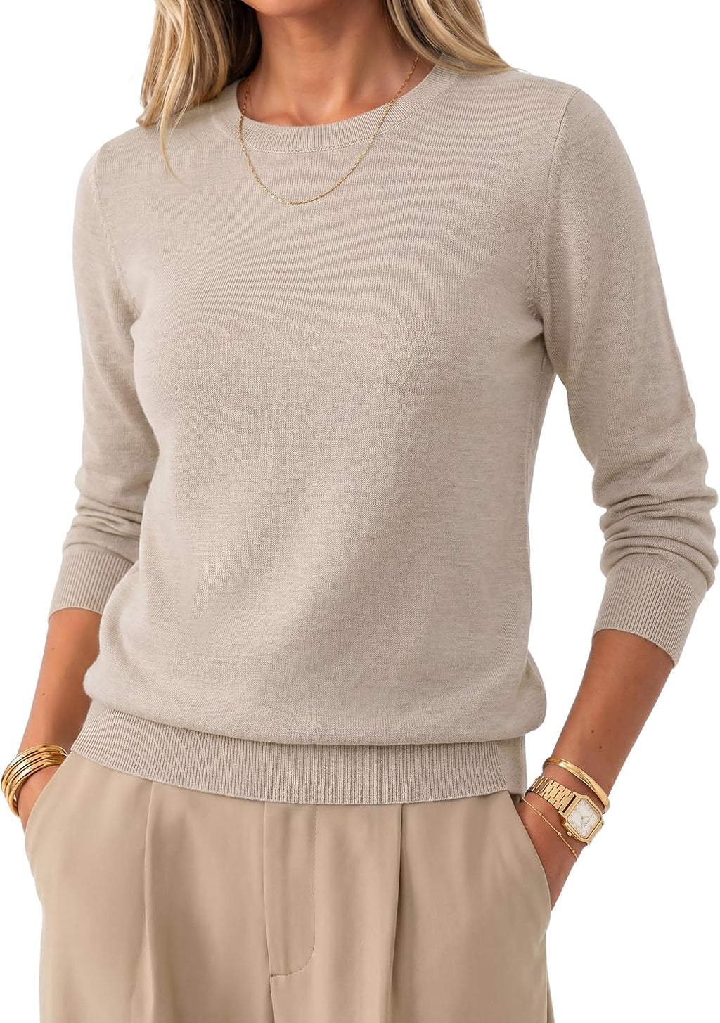 Arach&Cloz Women's 100% Merino Wool Long Sleeve Crew Neck Fall Work Sweater