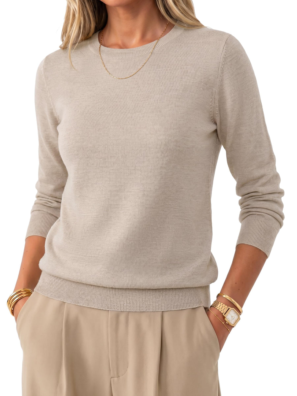 Arach&Cloz Women's 100% Merino Wool Long Sleeve Crew Neck Fall Work Sweater