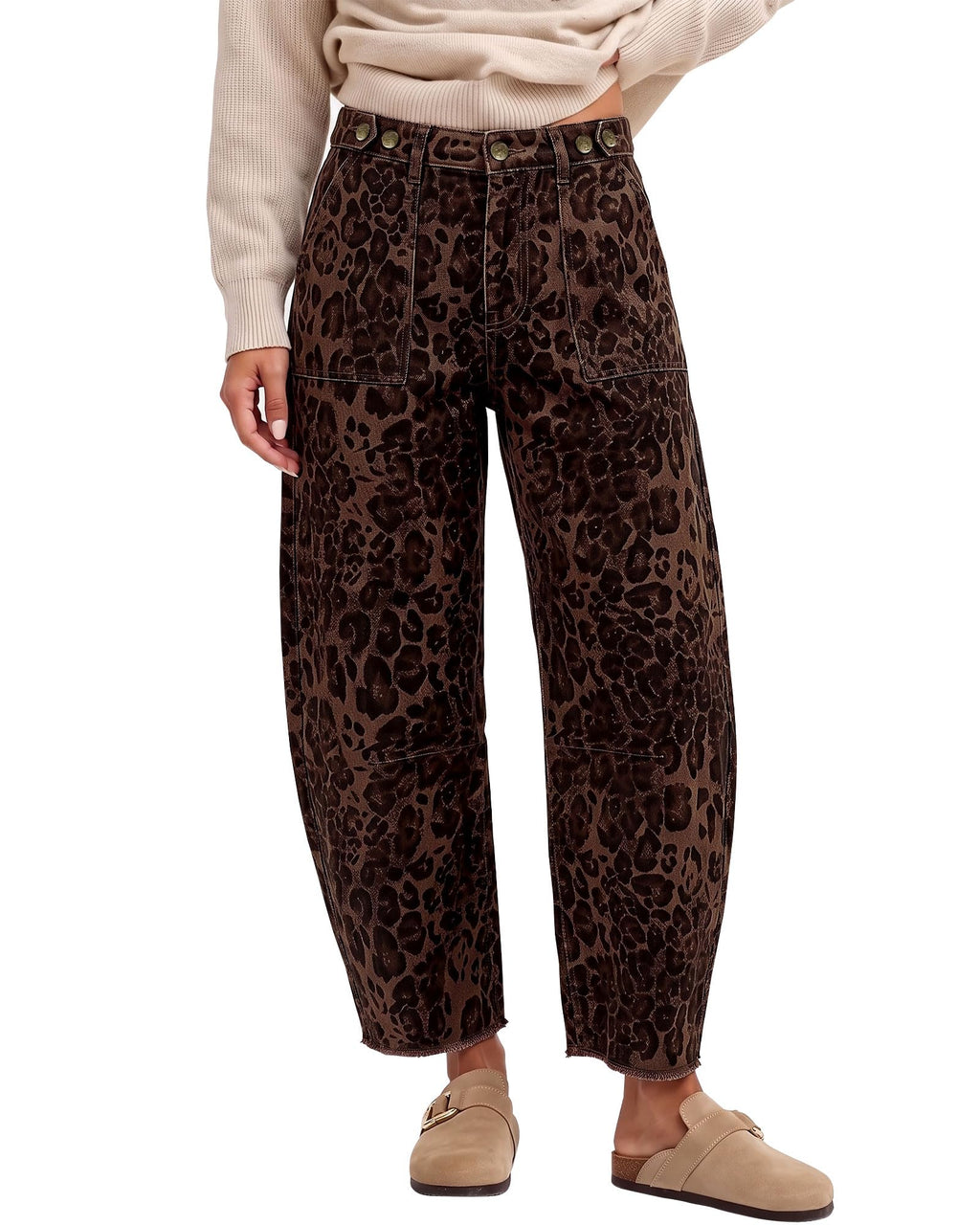 GRAPENT Leopard Barrel Jeans Women High Rise Frayed Hem Cheetah Print Pants