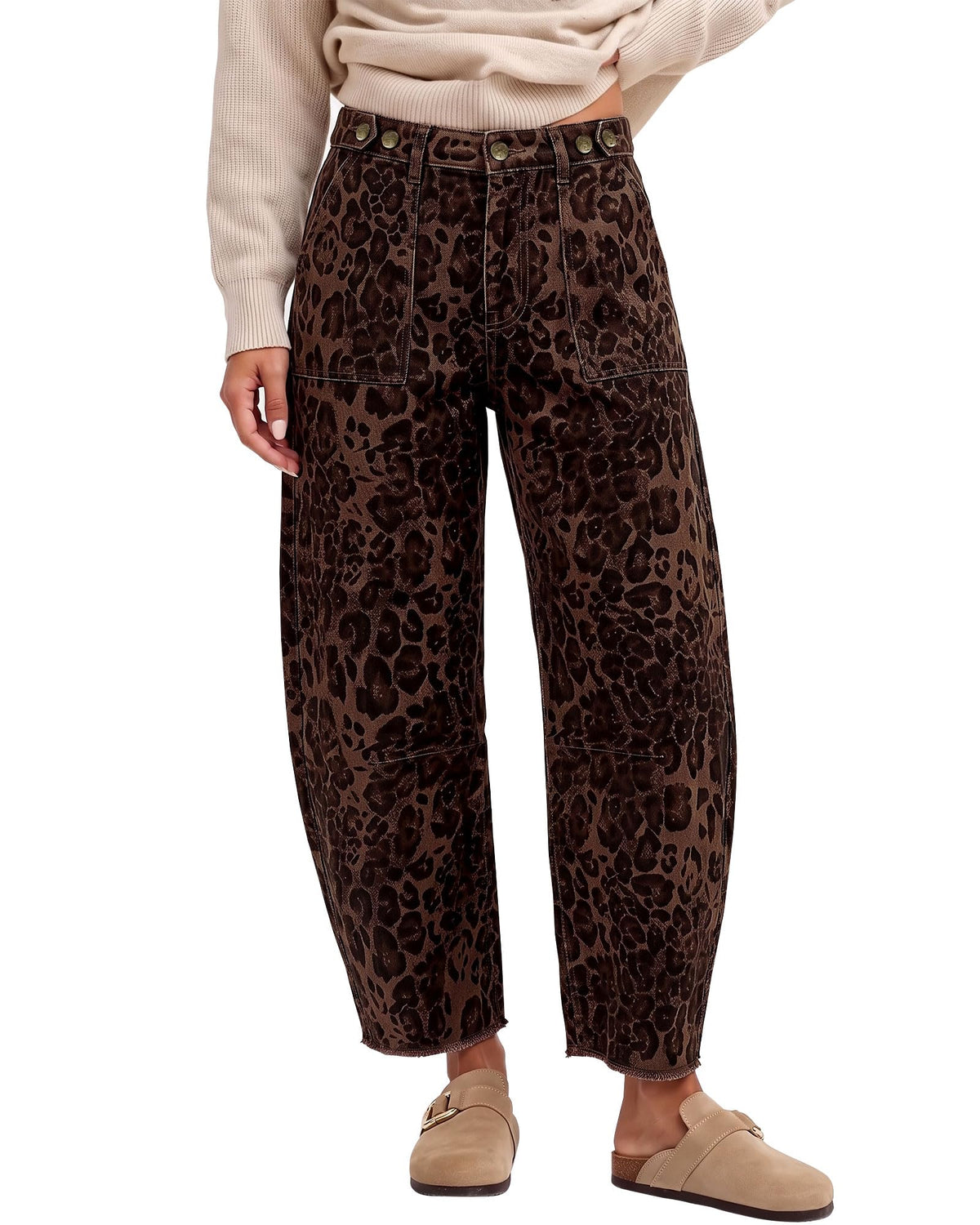 GRAPENT Leopard Barrel Jeans Women High Rise Frayed Hem Cheetah Print Pants