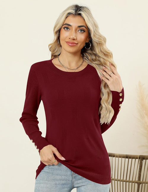 AKEWEI Womens Sweaters Long Sleeve Crew Neck Lightweight Knit Pullover Tops with Decorative Buttons