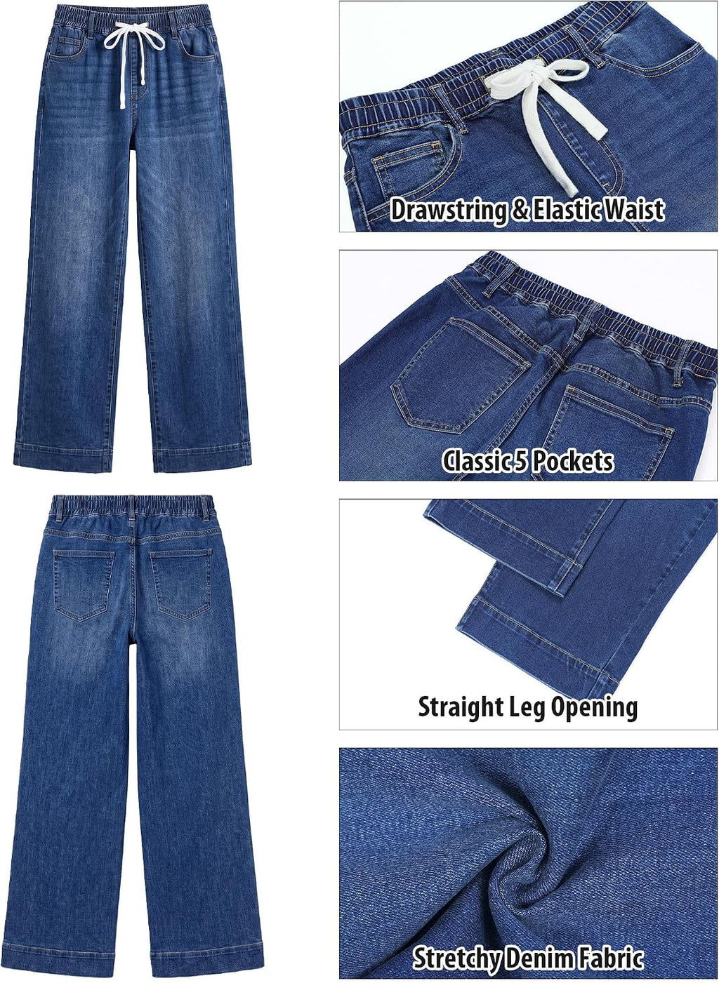 GRAPENT Jeans for Women Straight Leg High Rise Pull On Stretchy Denim Pants