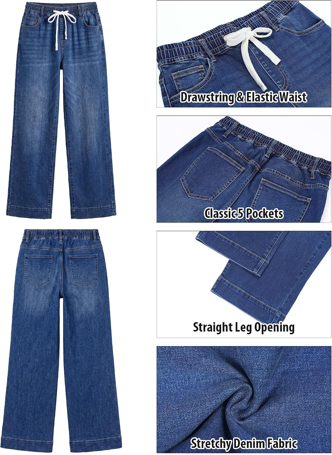 GRAPENT Jeans for Women Straight Leg High Rise Pull On Stretchy Denim Pants