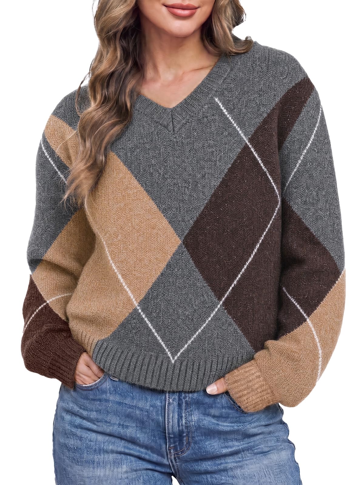 Cicy Bell Womens V Neck Argyle Sweaters Long Sleeve Knit Casual Pullovers