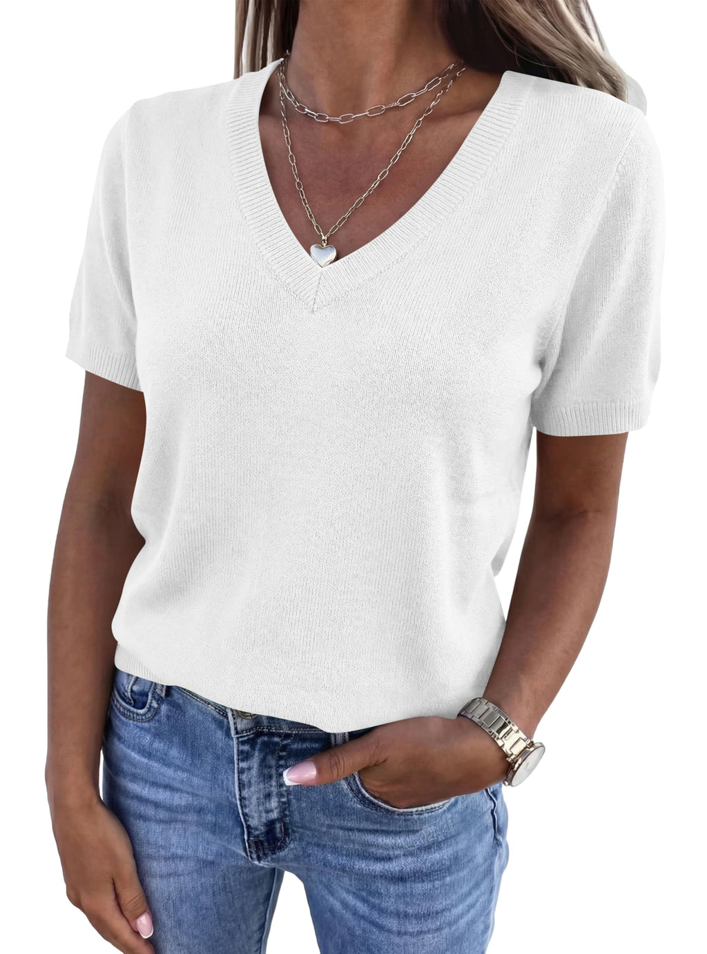 PRETTYGARDEN Womens Short Sleeve Sweater V Neck Tops