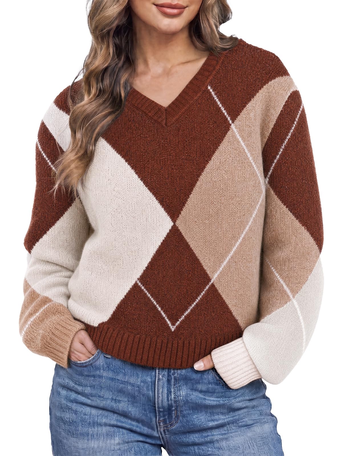 Cicy Bell Womens V Neck Argyle Sweaters Long Sleeve Knit Casual Pullovers