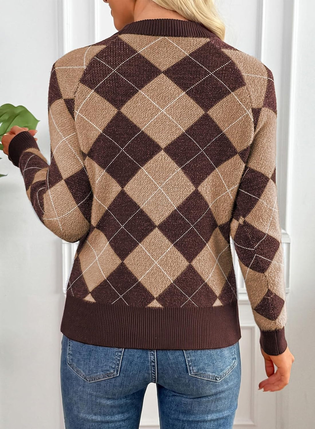 Pink Queen Fall Sweaters for Women Argyle Colorblock Pullover Sweater 2026