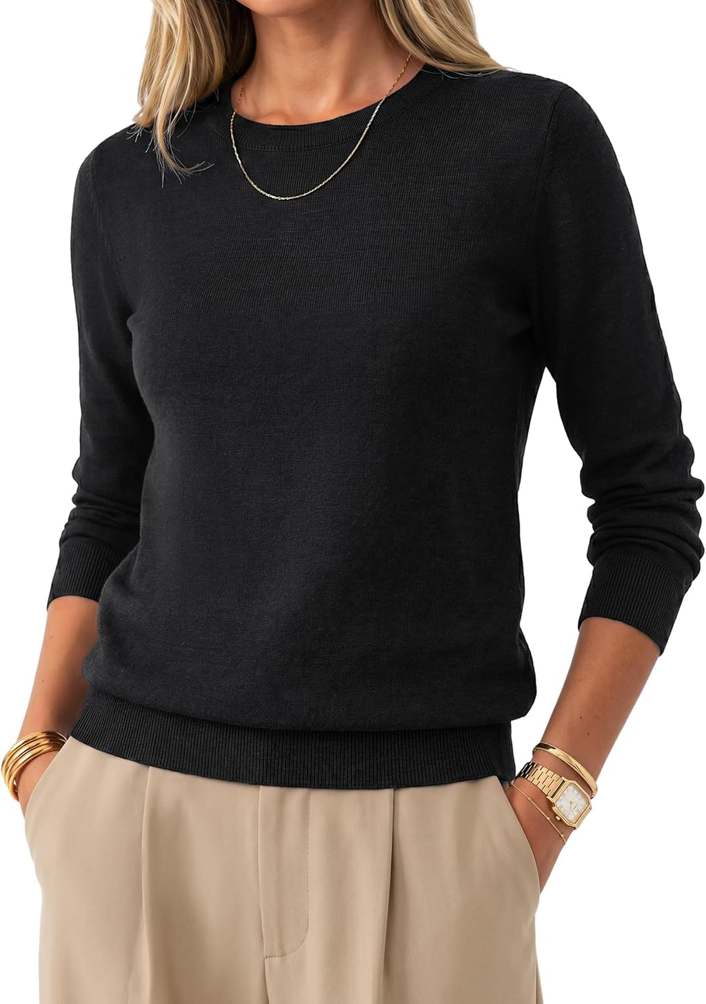 Arach&Cloz Women's 100% Merino Wool Long Sleeve Crew Neck Fall Work Sweater