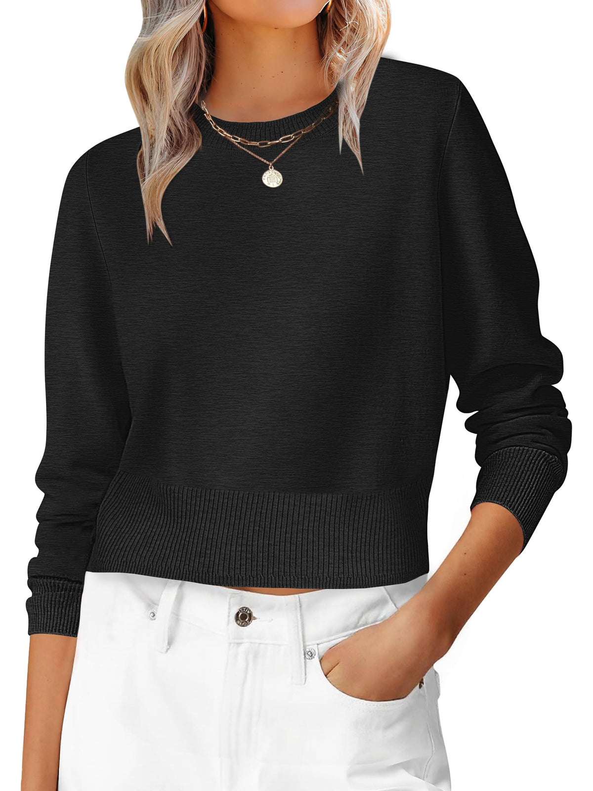 ANRABESS Women’s Long Sleeve Cropped Crew Neck Lightweight Fall Sweaters