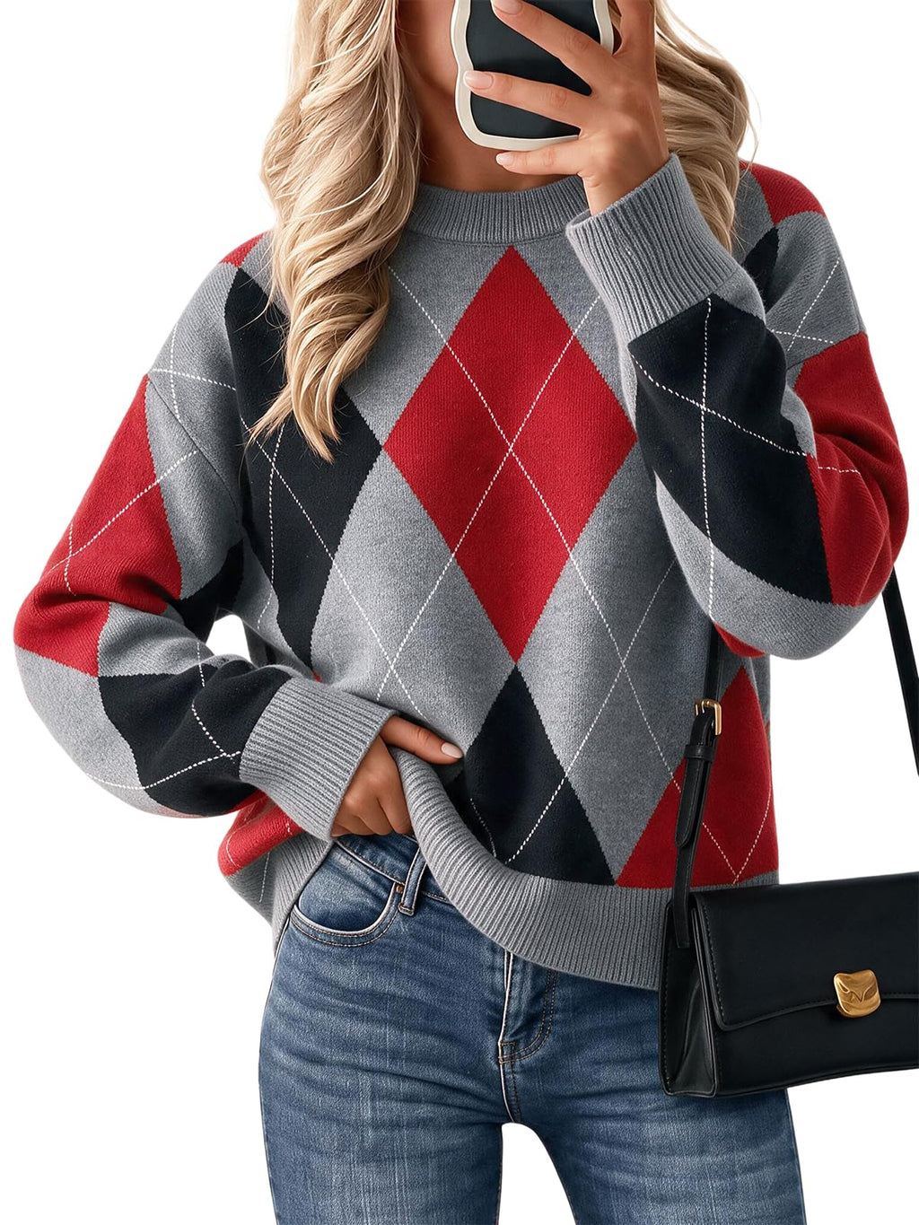 Cicy Bell Sweaters for Women Argyle Plaid Color Block Knit Pullover Tops