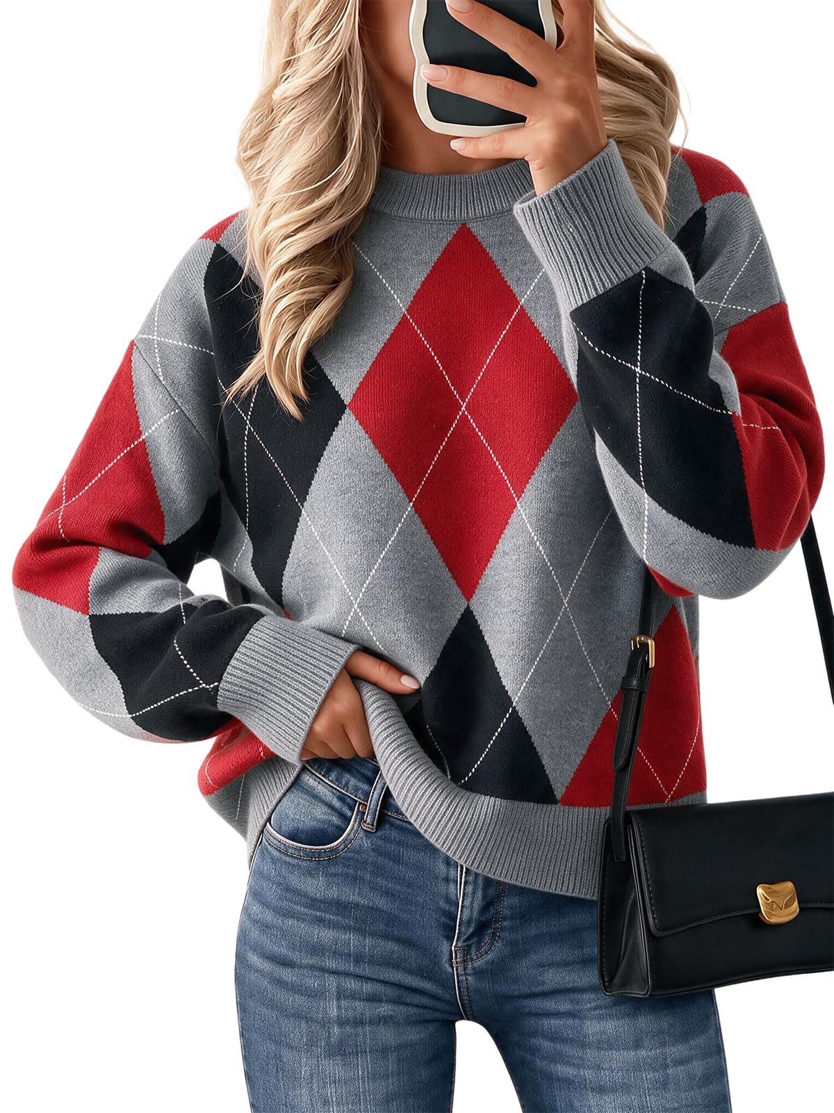 Cicy Bell Sweaters for Women Argyle Plaid Color Block Knit Pullover Tops