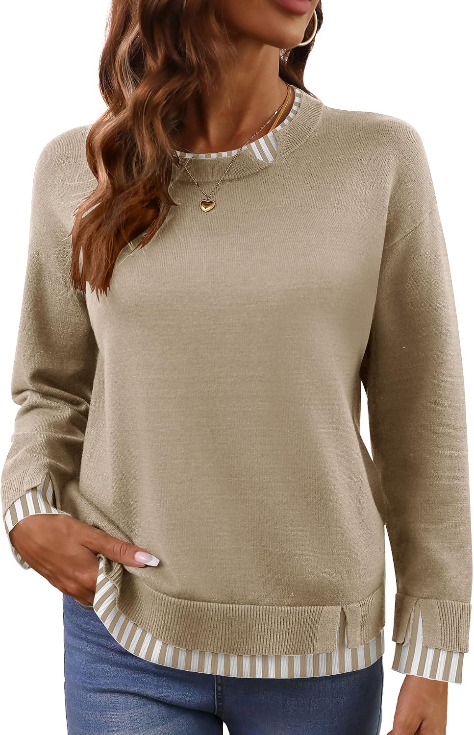 LOMON Womens Sweaters Cozy Long Sleeve Pullover Tops Faux Layered Sweaters