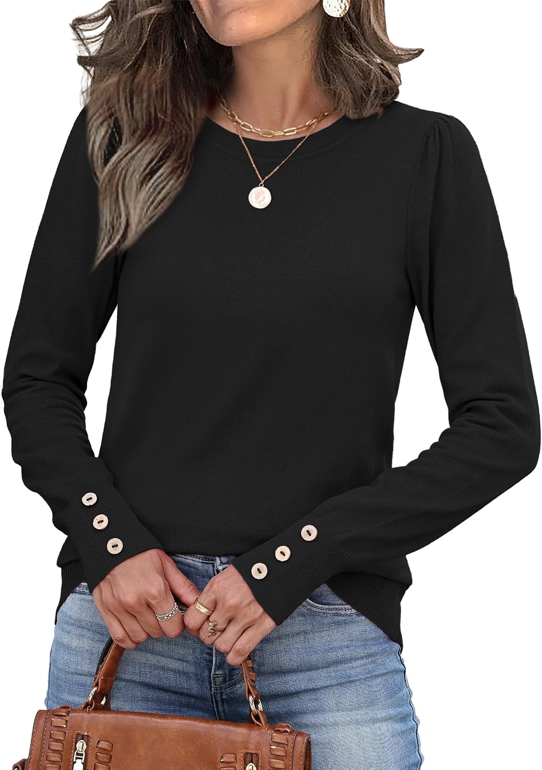 Womens Sweaters Fall Fashion 2025 Long Sleeve Button Cuff Soft Knit Pullover Trendy Tops Dressy Casual Blouses