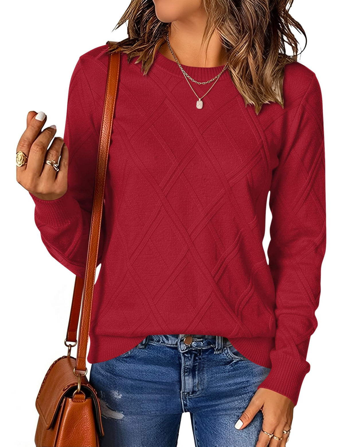 LOMON Women's Cable Knit Sweater Long Sleeve Crew Neck Fall Tops
