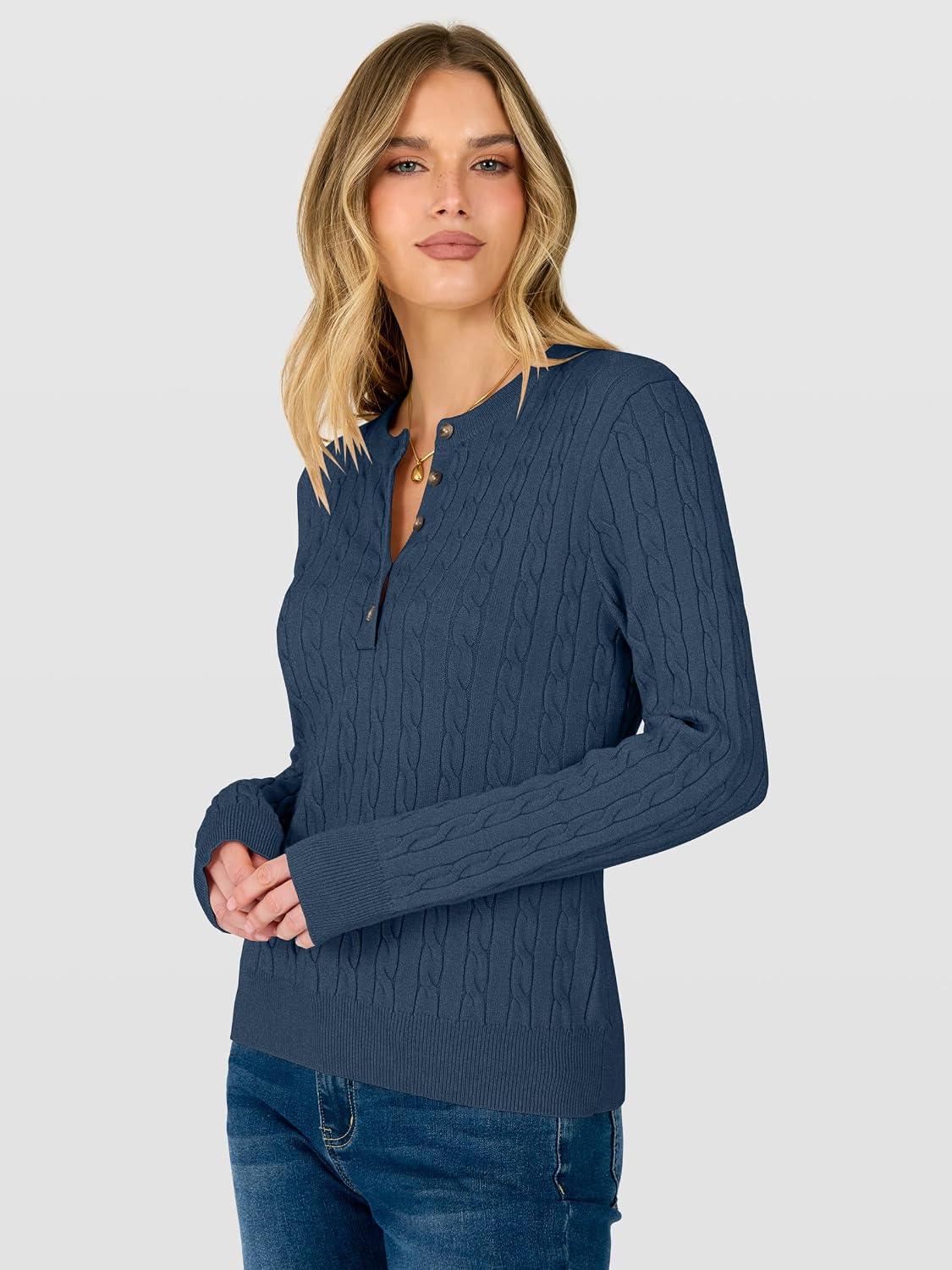 ANRABESS Sweaters for Women Cable Knit Henley Neck Fall Outfits