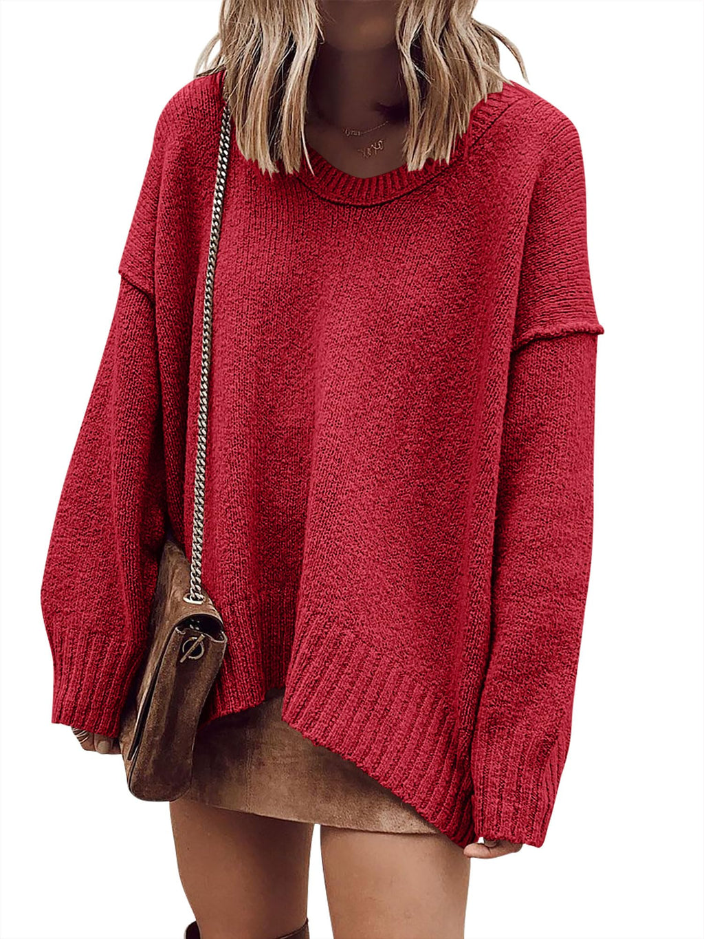 ANRABESS Womens Fall Fashion Oversized Scoop V Neck Batwing Sleeve Sweater