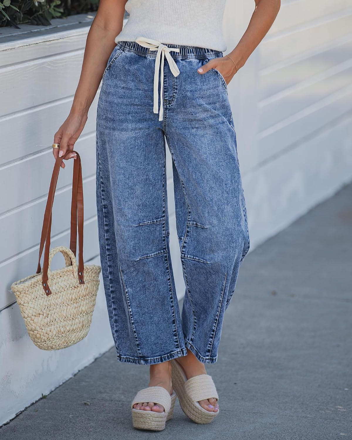 GRAPENT Barrel Jeans Women High Rise Pull On Elastic Waist Crop Denim Pants