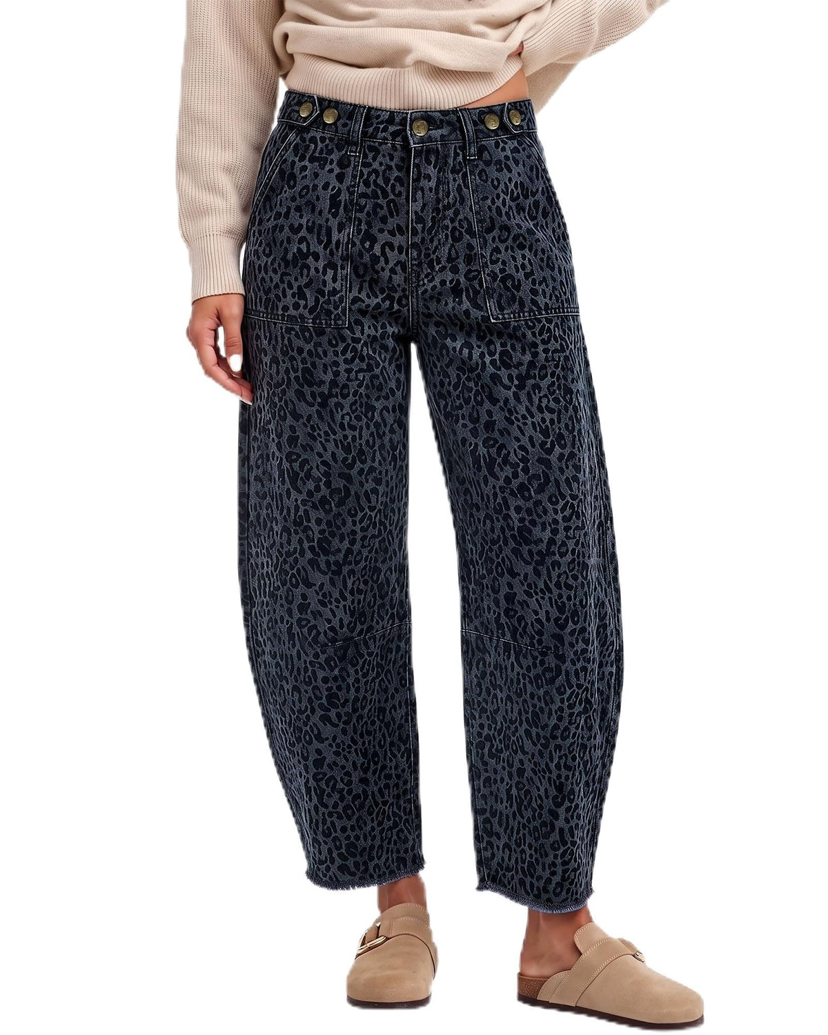 GRAPENT Leopard Barrel Jeans Women High Rise Frayed Hem Cheetah Print Pants