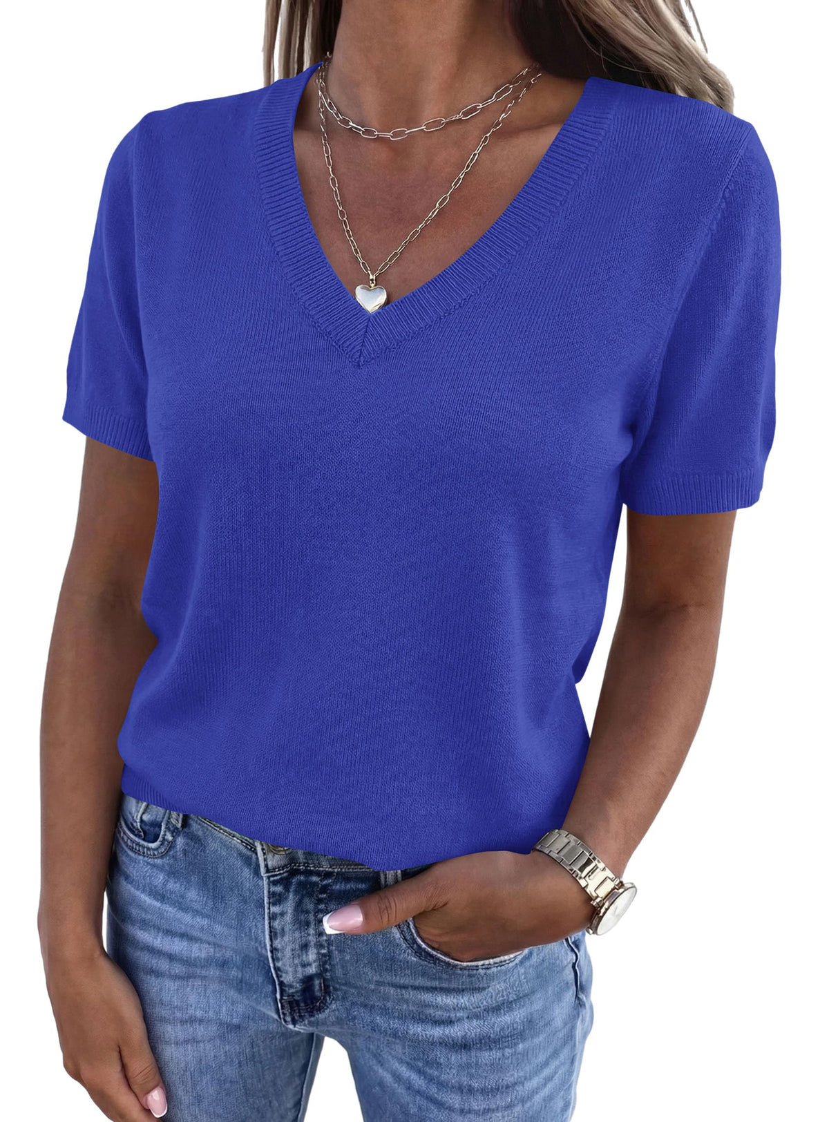 PRETTYGARDEN Womens Short Sleeve Sweater V Neck Tops