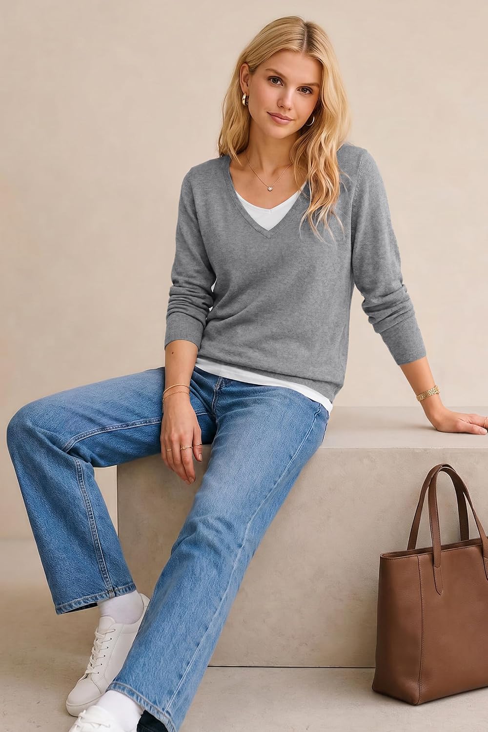 Arach&Cloz Women's Wool Blend 2 in 1 Patchwork V Neck Casual Sweater Tops