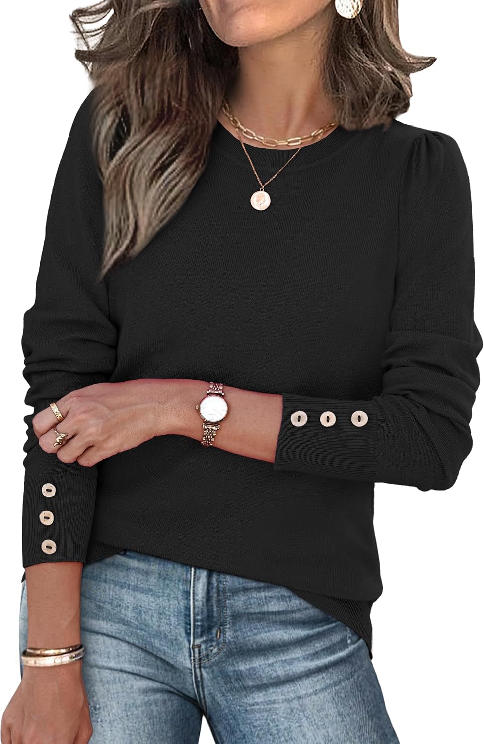 Womens Sweaters Fall Fashion 2025 Long Sleeve Button Cuff Soft Knit Pullover Trendy Tops Dressy Casual Blouses