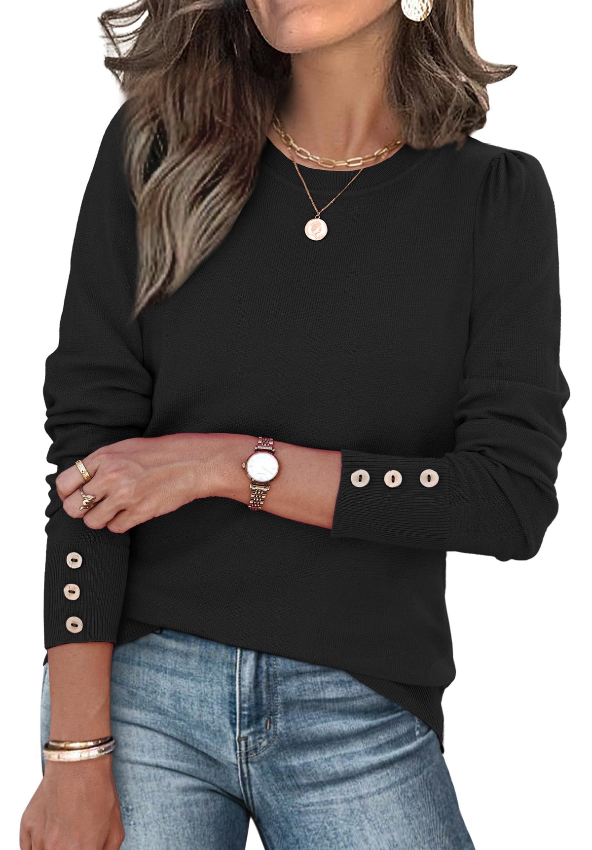 Womens Sweaters Fall Fashion 2025 Long Sleeve Button Cuff Soft Knit Pullover Trendy Tops Dressy Casual Blouses