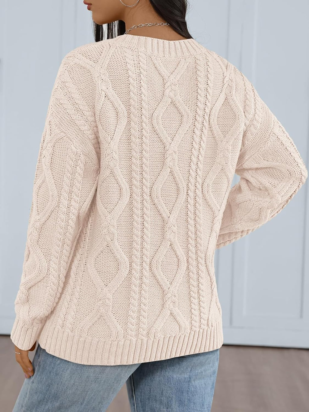Trendy Queen Womens V Neck Cable Knit Sweaters Oversized Cozy Fall Pullover