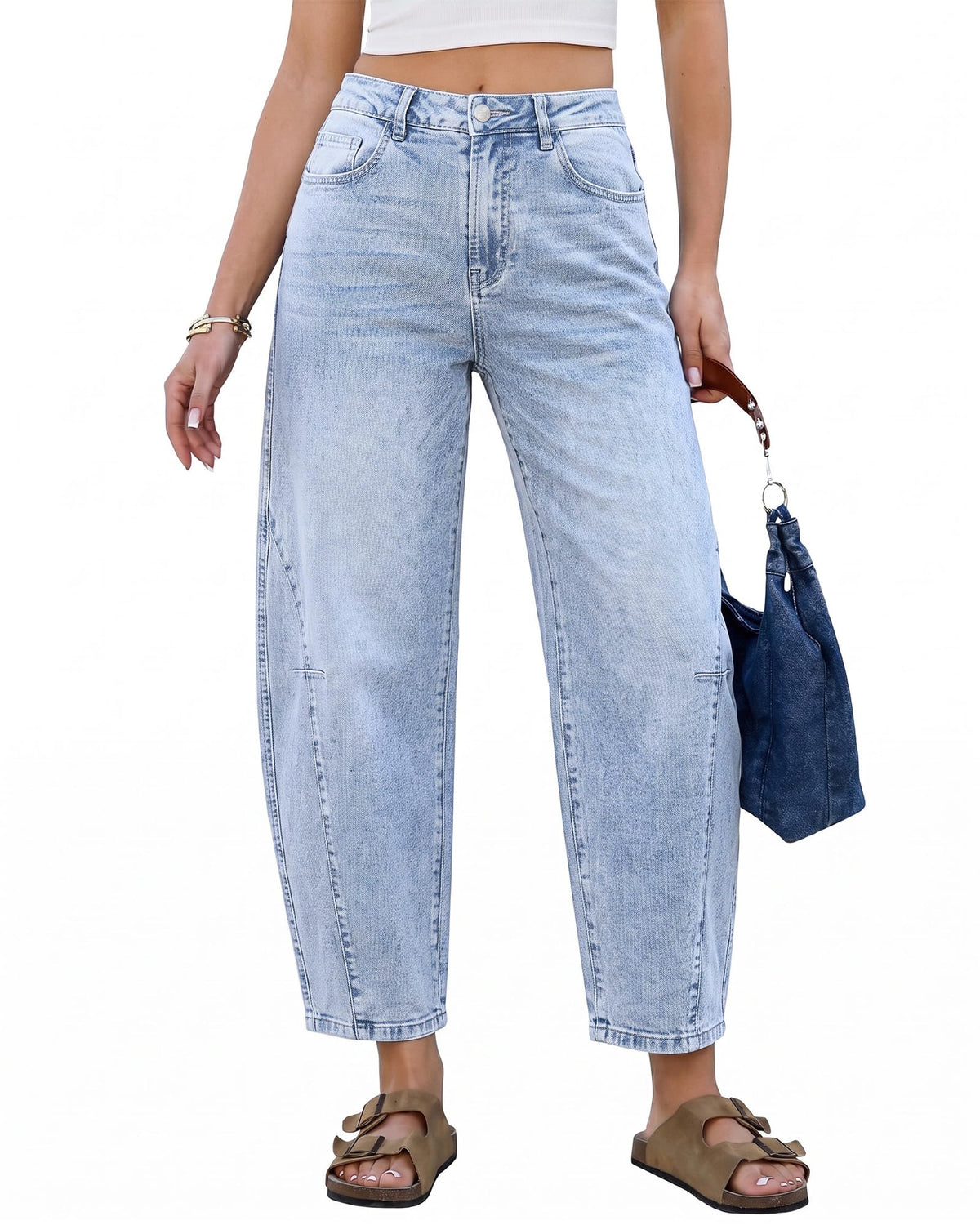 GRAPENT Barrel Jeans for Women Cropped Trendy High Waisted Baggy Side Seamed Casual Stretchy Denim Pants Wide Leg Jeans