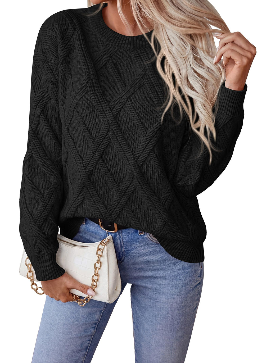 Okiwam Women's Long Sleeve Sweaters Crewneck Cable Knit Pullover