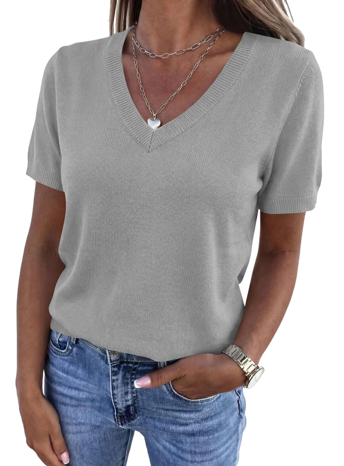 PRETTYGARDEN Womens Short Sleeve Sweater V Neck Tops