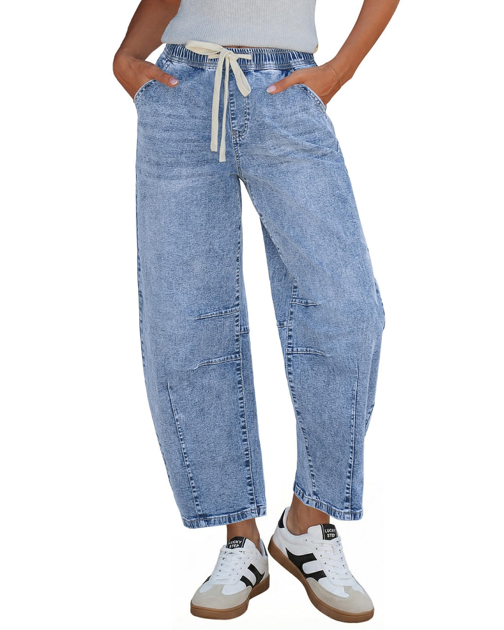 GRAPENT Barrel Jeans Women High Rise Pull On Elastic Waist Crop Denim Pants