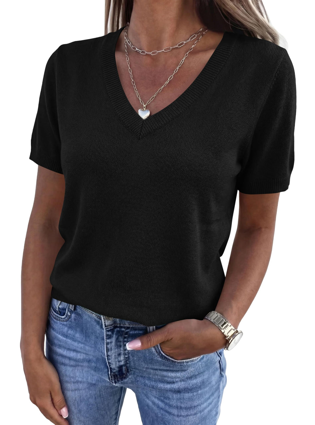 PRETTYGARDEN Womens Short Sleeve Sweater V Neck Tops