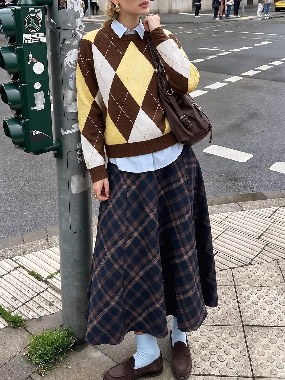 Cicy Bell Sweaters for Women Argyle Plaid Color Block Knit Pullover Tops