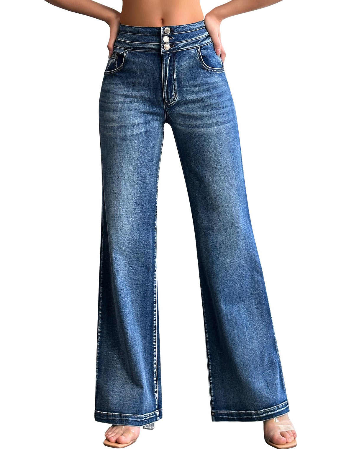 roswear Women's Wide Leg Jeans Casual High Waisted Stretch Baggy Loose Denim Pants