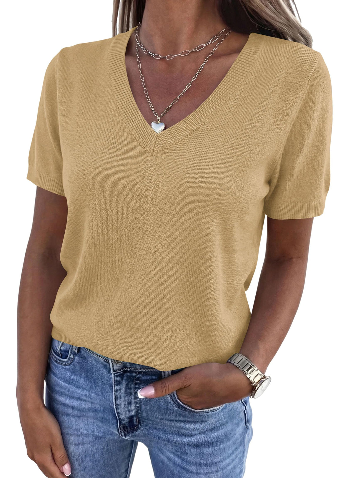 PRETTYGARDEN Womens Short Sleeve Sweater V Neck Tops