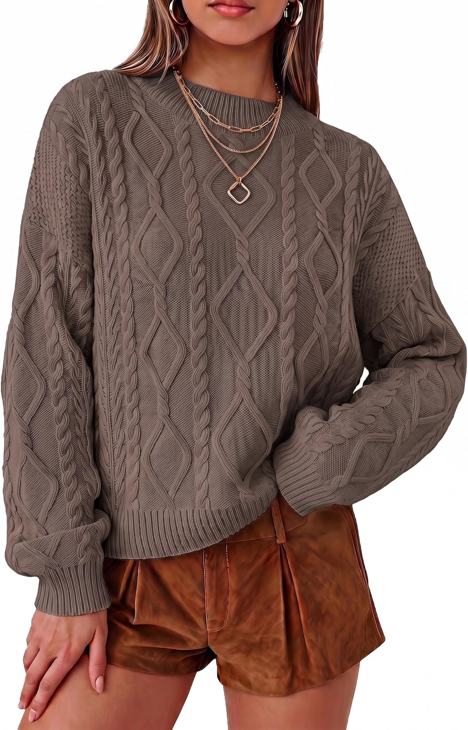 Arach&Cloz Women's Oversized Cropped Cable Knit Casual Sweater Tops