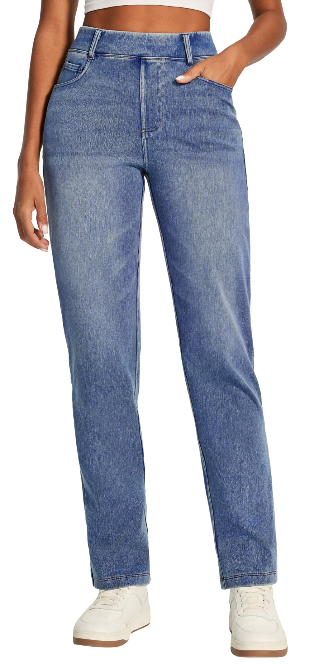 Stretchy Straight Leg Jeans for Women Pull On High Waisted Trendy Denim