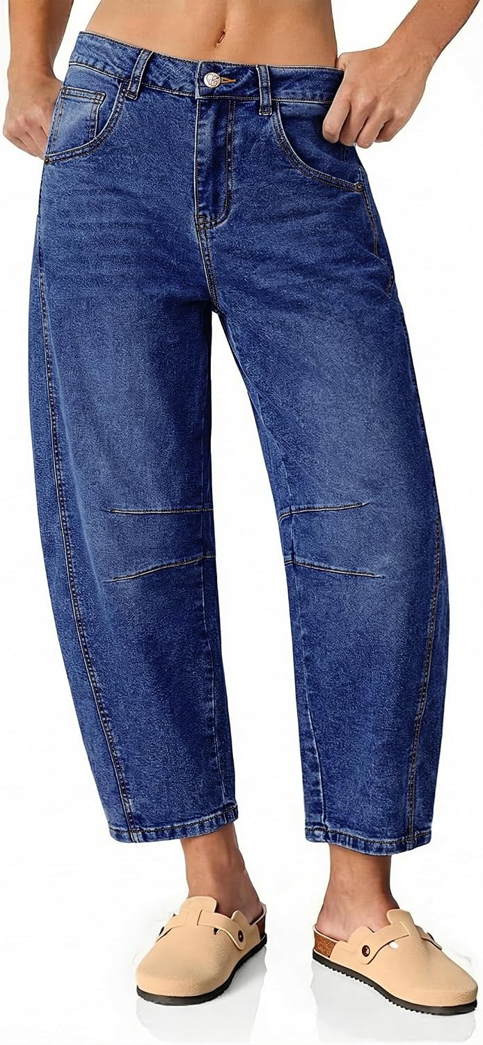 Vetinee Barrel Jeans for Women Trendy High Waisted Cropped Wide Leg Relaxed Fit Balloon Baggy Stretchy Denim Pants
