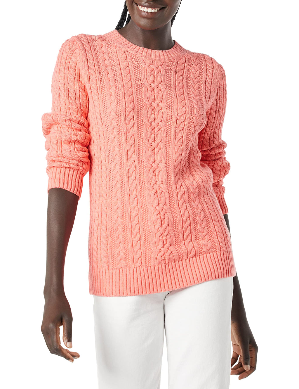 Amazon Essentials Women's Regular Fit Soft Cotton Cable Knit Ribbed Crewneck Sweater (Available in Plus Size)