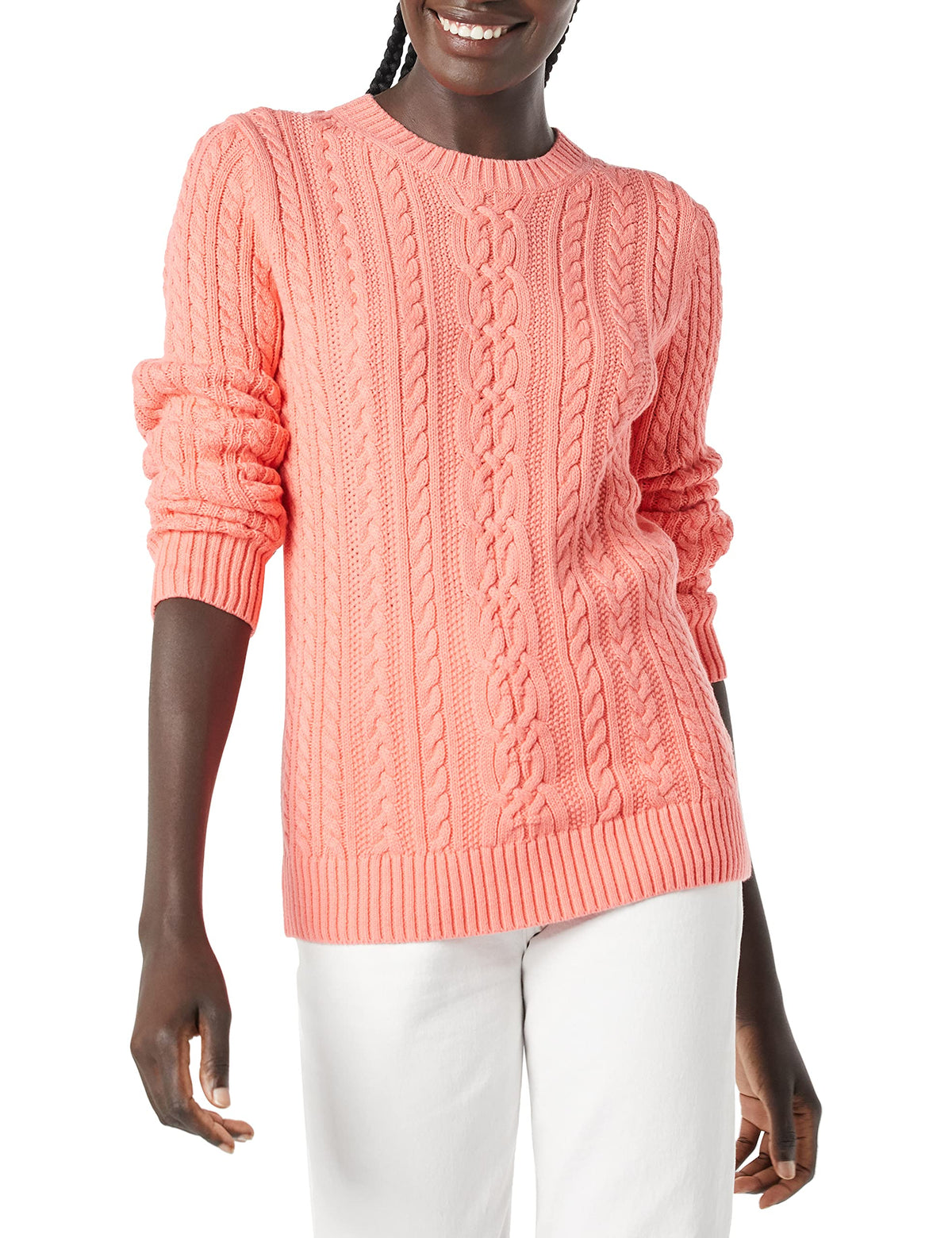 Amazon Essentials Women's Regular Fit Soft Cotton Cable Knit Ribbed Crewneck Sweater (Available in Plus Size)
