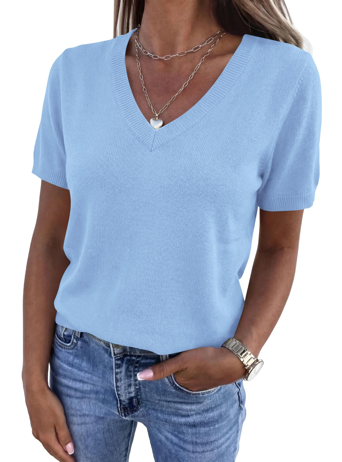 PRETTYGARDEN Womens Short Sleeve Sweater V Neck Tops